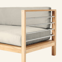 SoHo sectional right sofa detail, teak grain and mortise-and-tenon joinery
