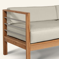 SoHo sofa detail, teak grain and mortise-and-tenon joinery