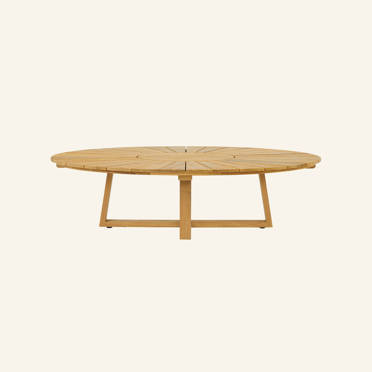 Solis coffee table from the side, solid teak tabletop and base