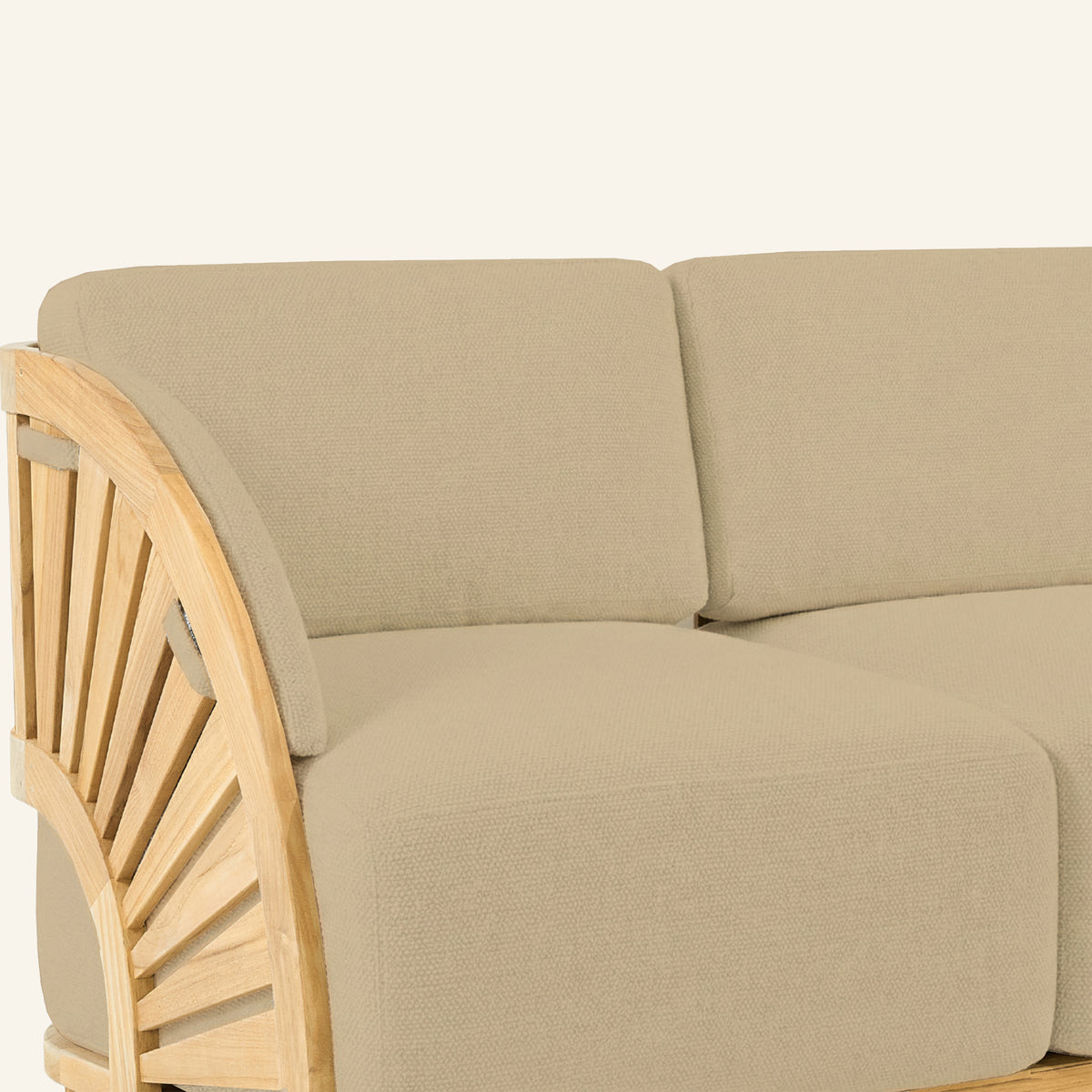 Solis sofa detail in Camel, teak grain and joinery
