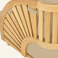 Solis sofa detail in Camel, close view of the teak armrest