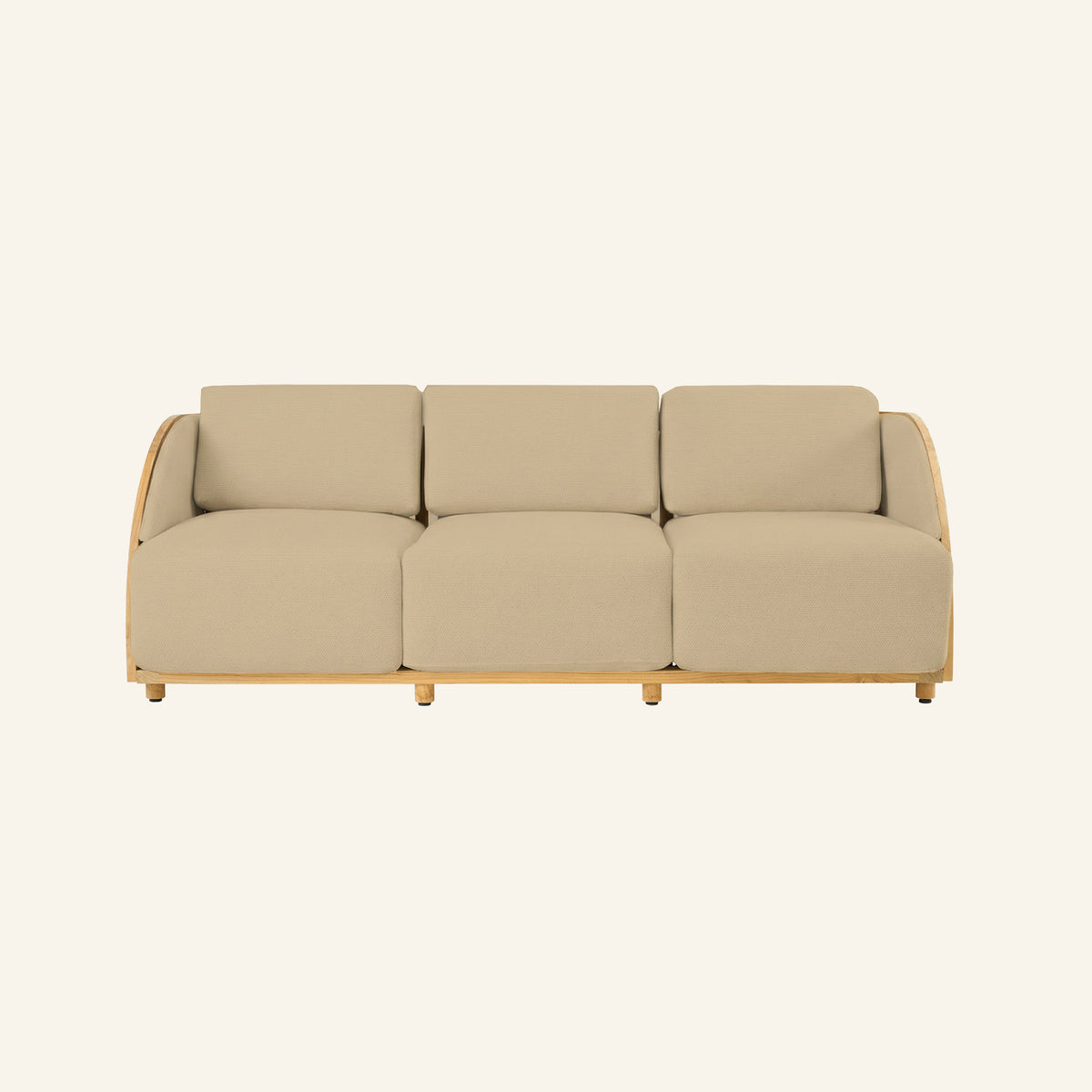 Solis sofa in Camel, front view of the solid teak frame