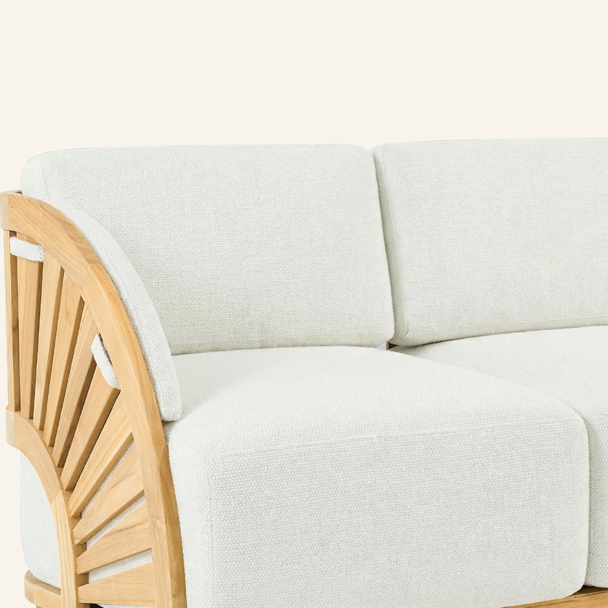 Solis sofa detail, teak grain and mortise-and-tenon joinery