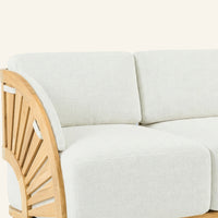 Solis sofa detail, teak grain and mortise-and-tenon joinery