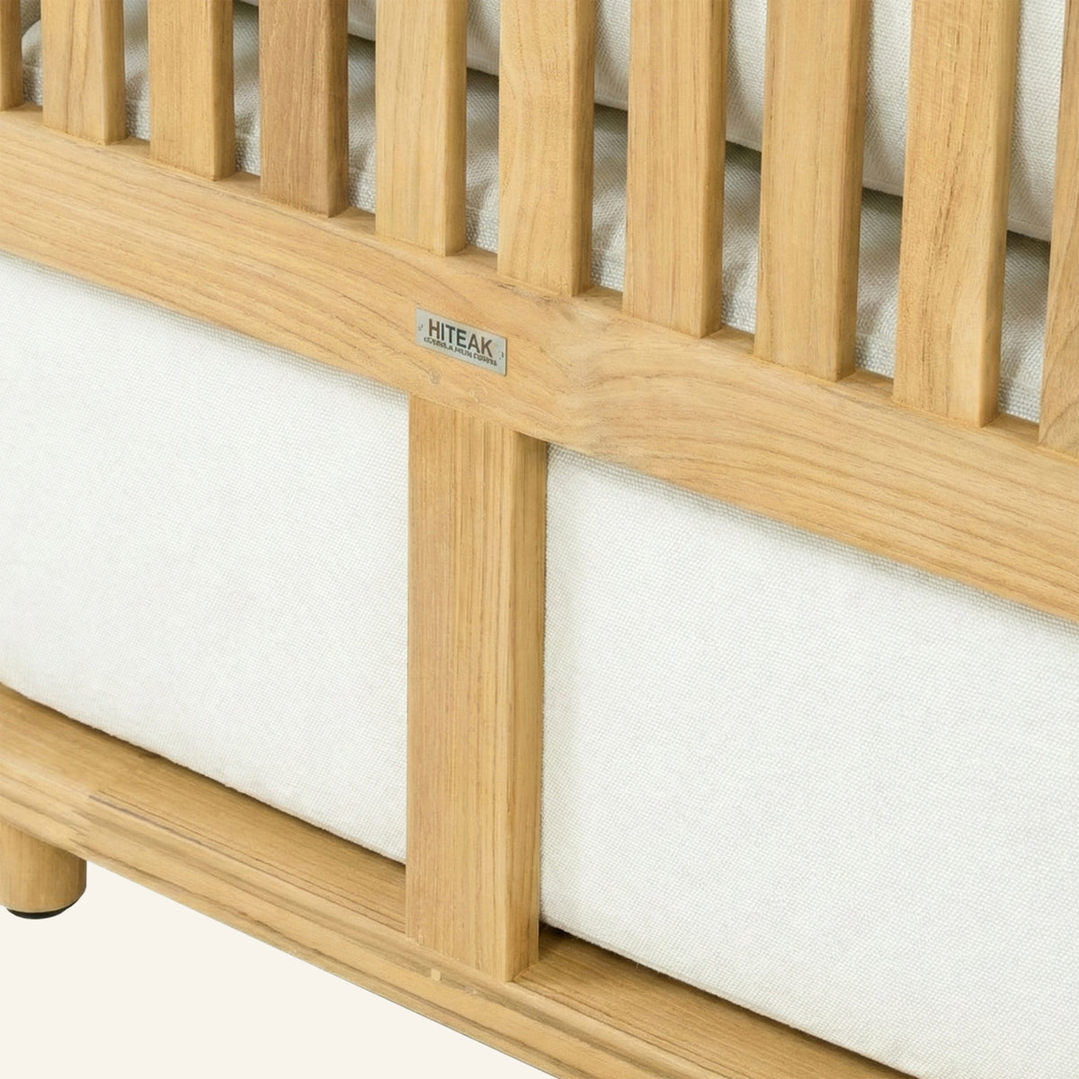 Solis sofa detail, cushion edge against the solid teak frame