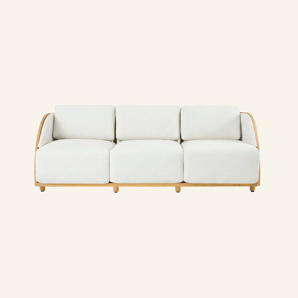 Solis sofa in Canvas, front view of the solid teak frame