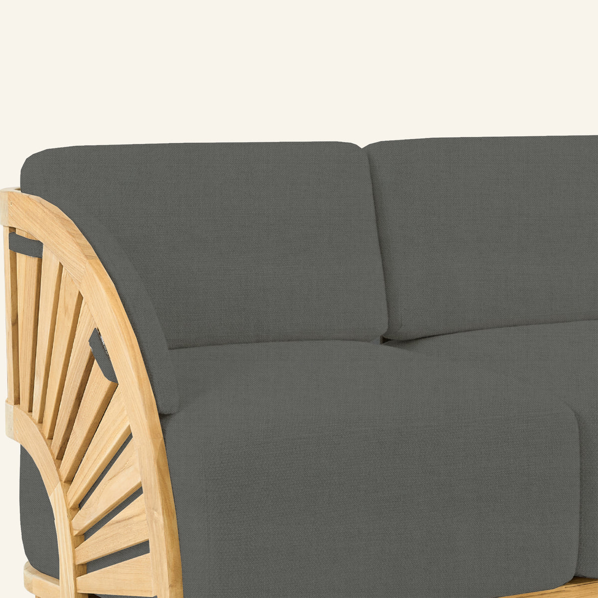 Solis sofa detail in Charcoal, teak grain and joinery