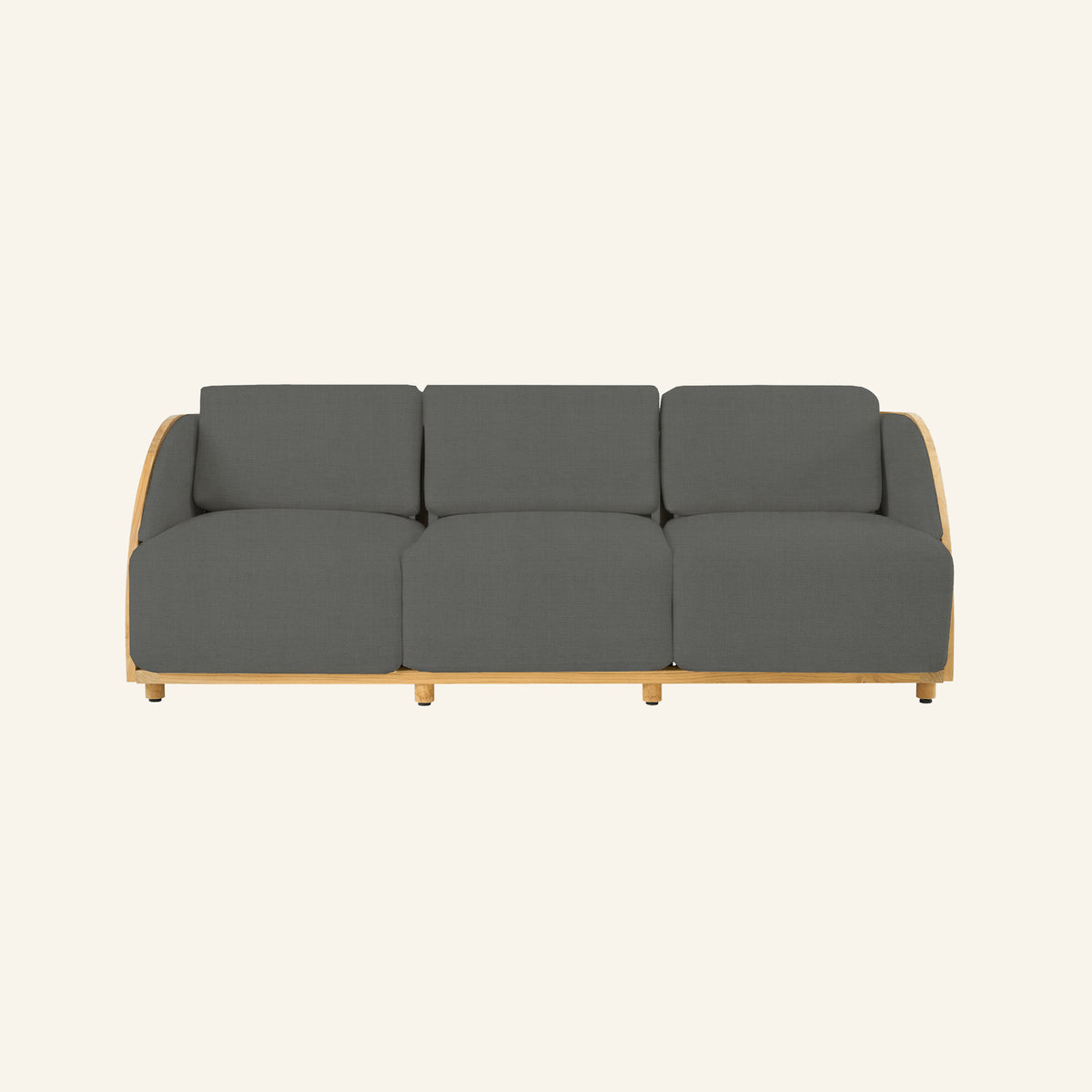 Solis sofa in Charcoal, front view of the solid teak frame