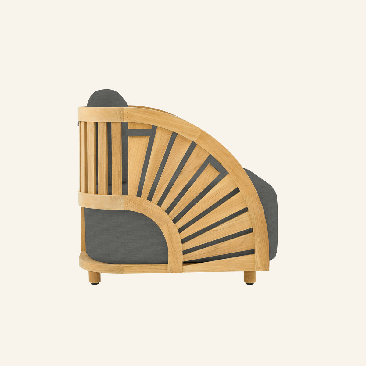 Solis sofa in Charcoal, side profile showing solid teak construction