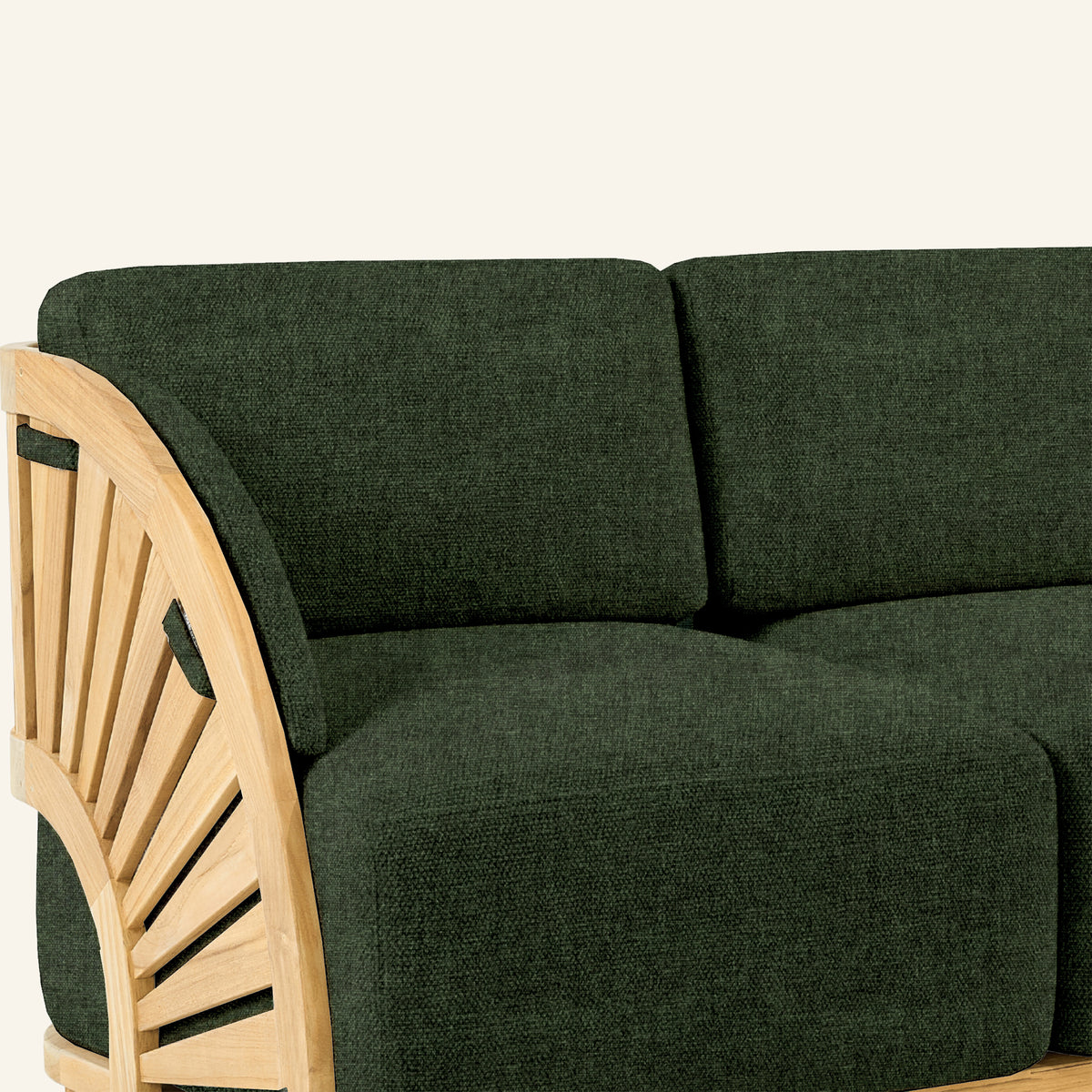 Solis sofa detail in Jungle, teak grain and mortise-and-tenon joinery