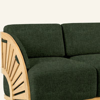 Solis sofa detail in Jungle, teak grain and mortise-and-tenon joinery