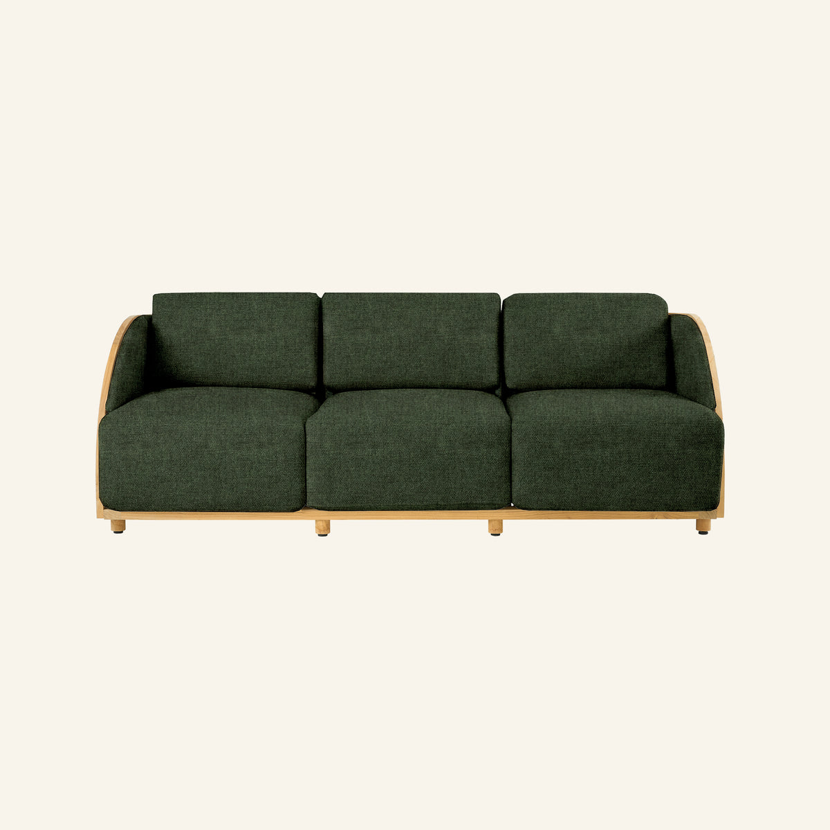 Solis sofa in Jungle, front view of the solid teak frame
