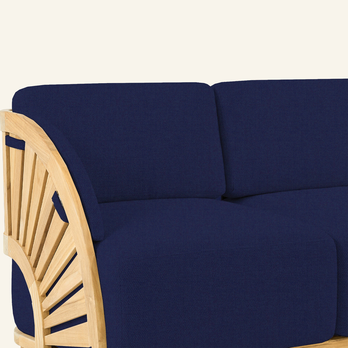 Solis sofa detail in Navy, teak grain and joinery