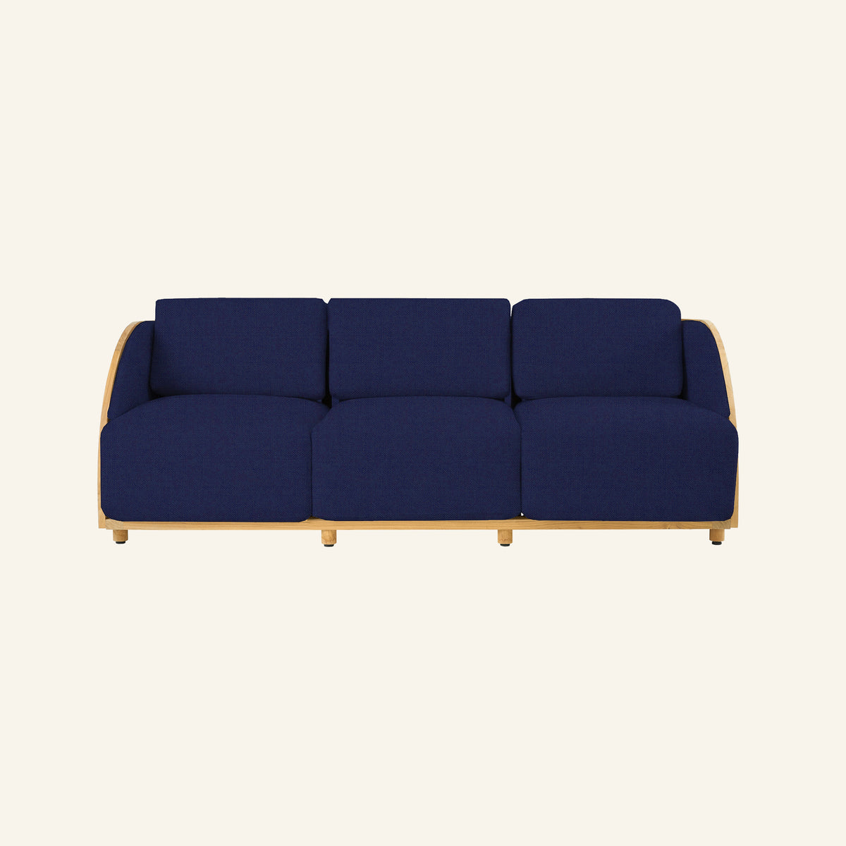 Solis sofa in Navy, front view of the solid teak frame