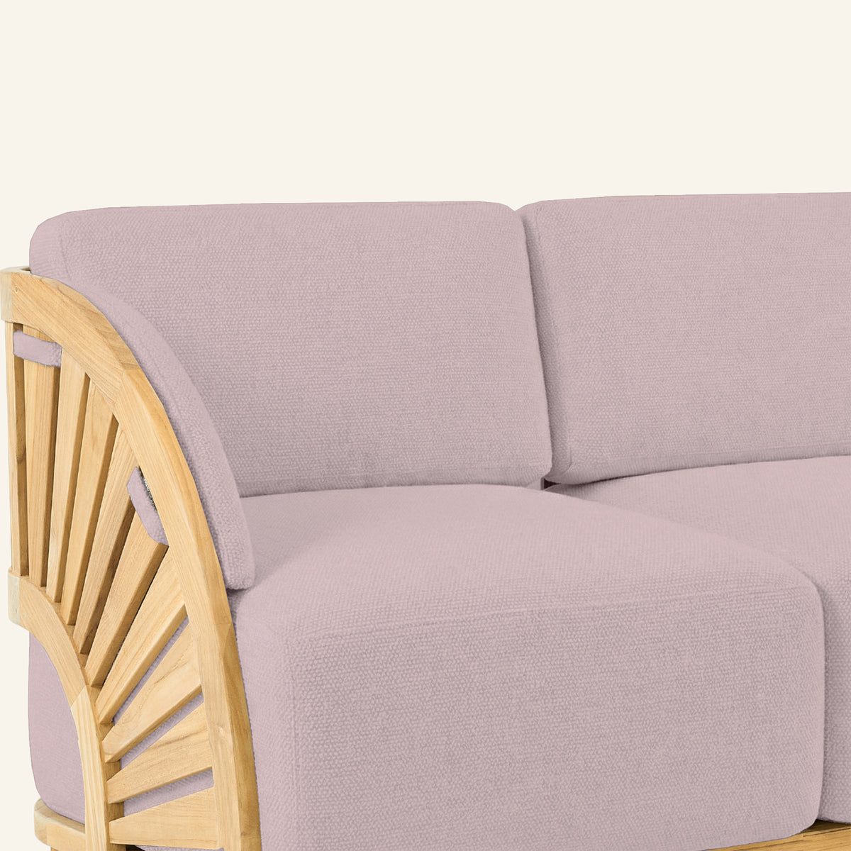 Solis sofa detail in Pink, teak grain and joinery