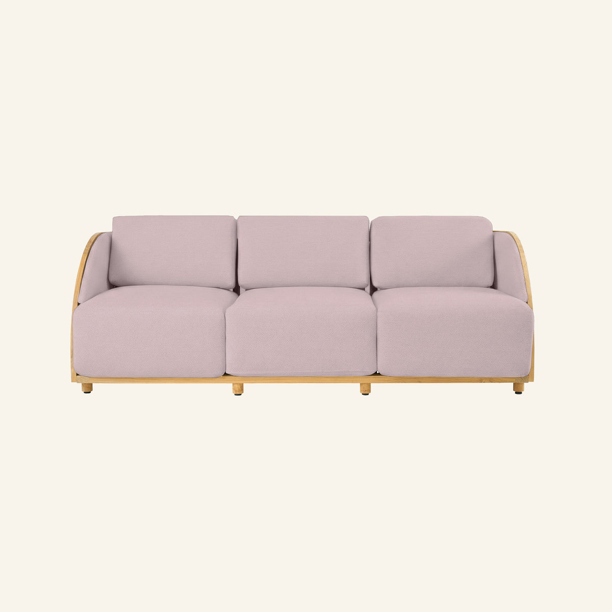 Solis sofa in Pink, front view of the solid teak frame