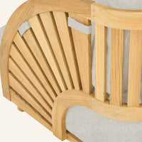 Solis sofa detail in Silver, close view of the teak armrest