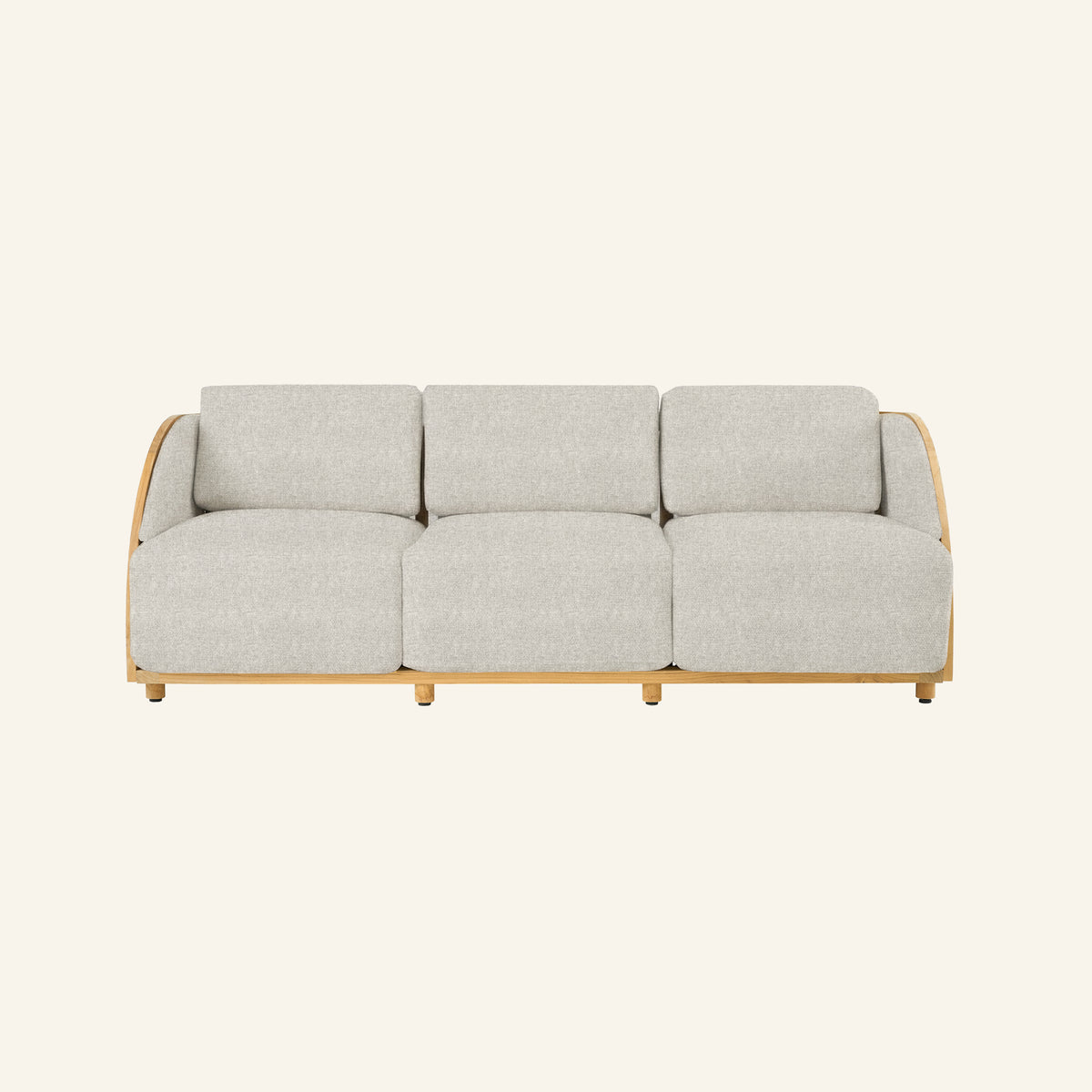 Solis sofa in Silver, front view of the solid teak frame