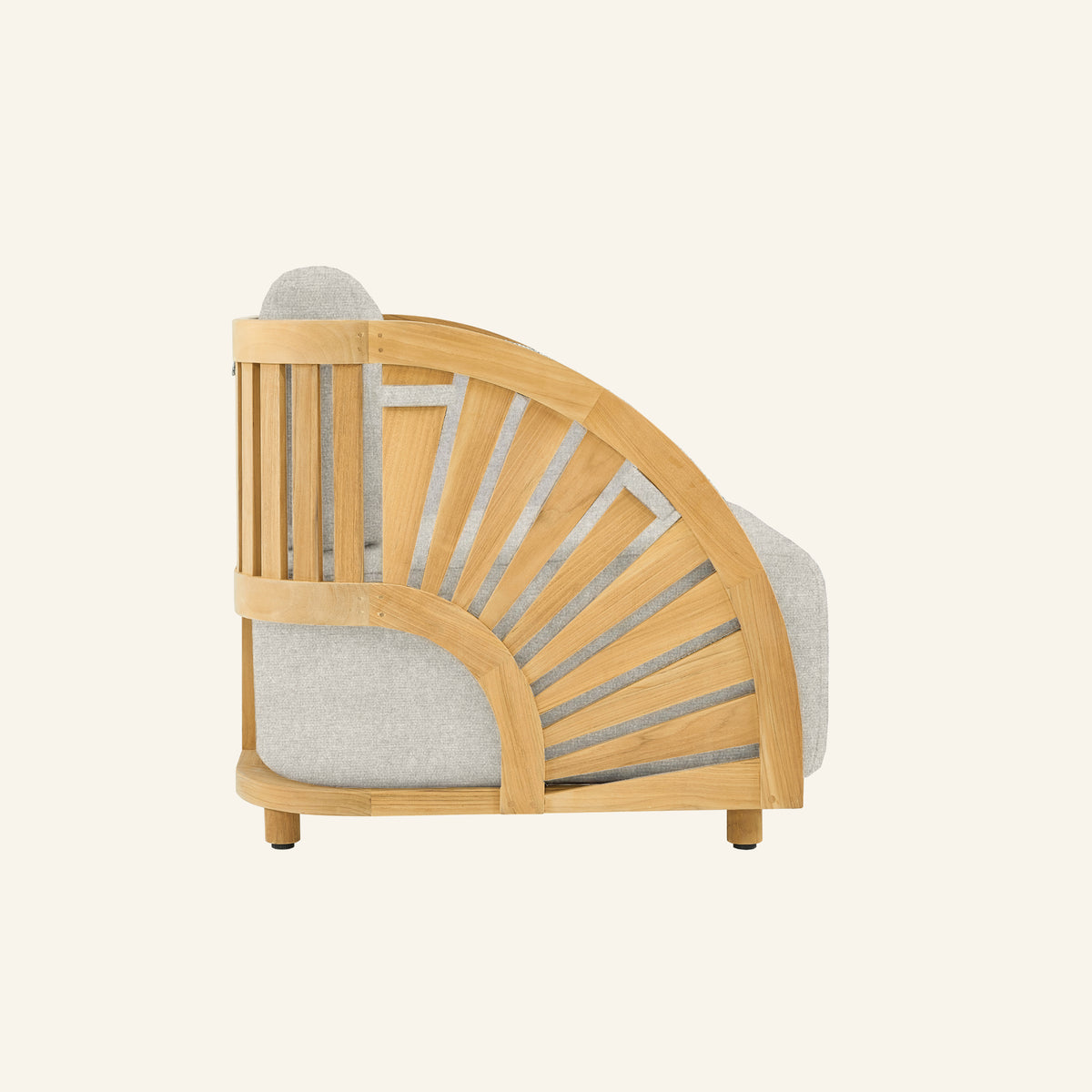 Solis sofa in Silver, side profile showing solid teak construction