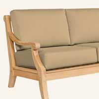 Sonoma sofa detail in Camel, teak grain and mortise-and-tenon joinery