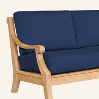 Sonoma sofa detail in Navy, teak grain and mortise-and-tenon joinery