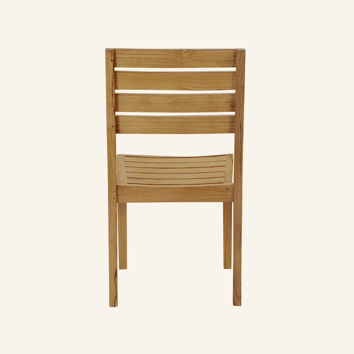Venice stacking side chair rear view, showing solid teak frame construction